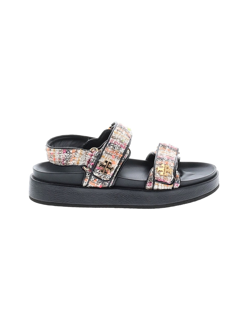 Tory Burch Kira Tweed Double-Strap Platform Sandal in Black and Pink Multi